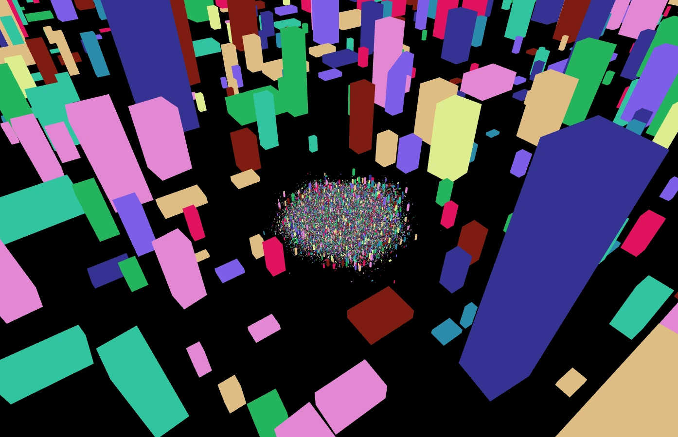 A dense miniature world surrounded by larger colorful blocks