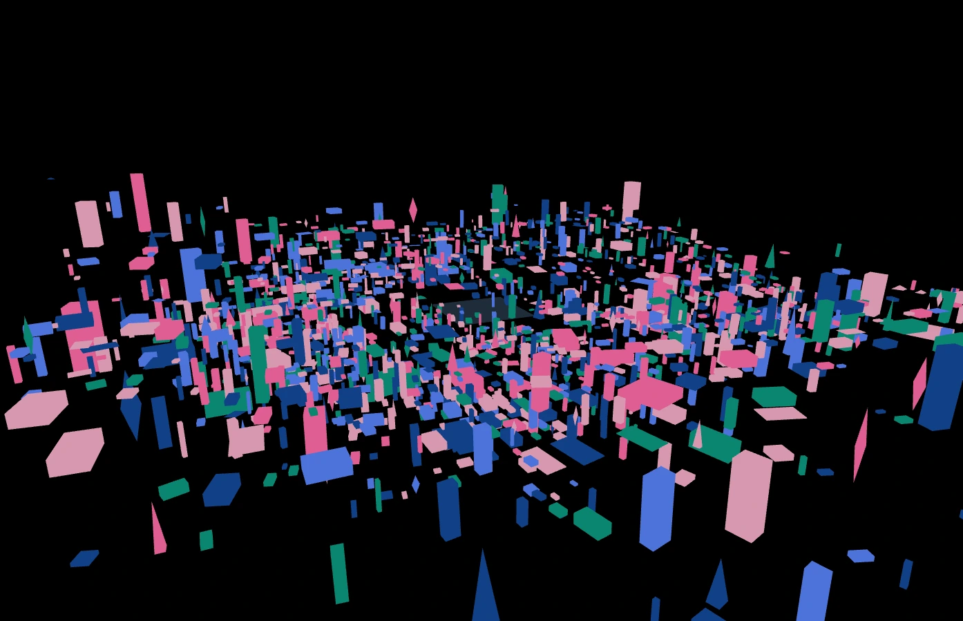 Pink, blue, and green geometric shapes arranged in three dimensions
