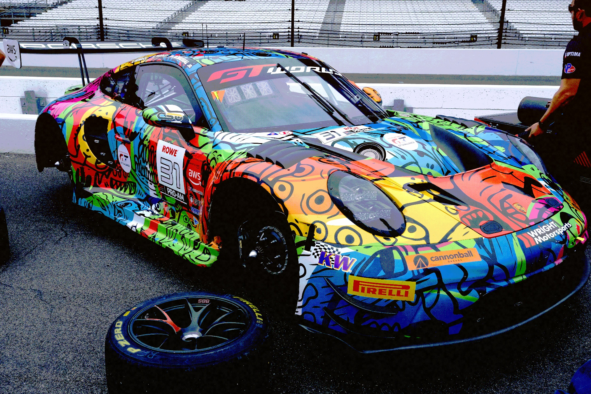 A vividly colored racing car with bold contrast and a textured photographic finish