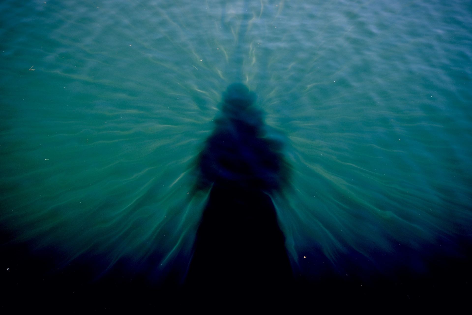 A silhouetted reflection surrounded by turquoise water and rippling light