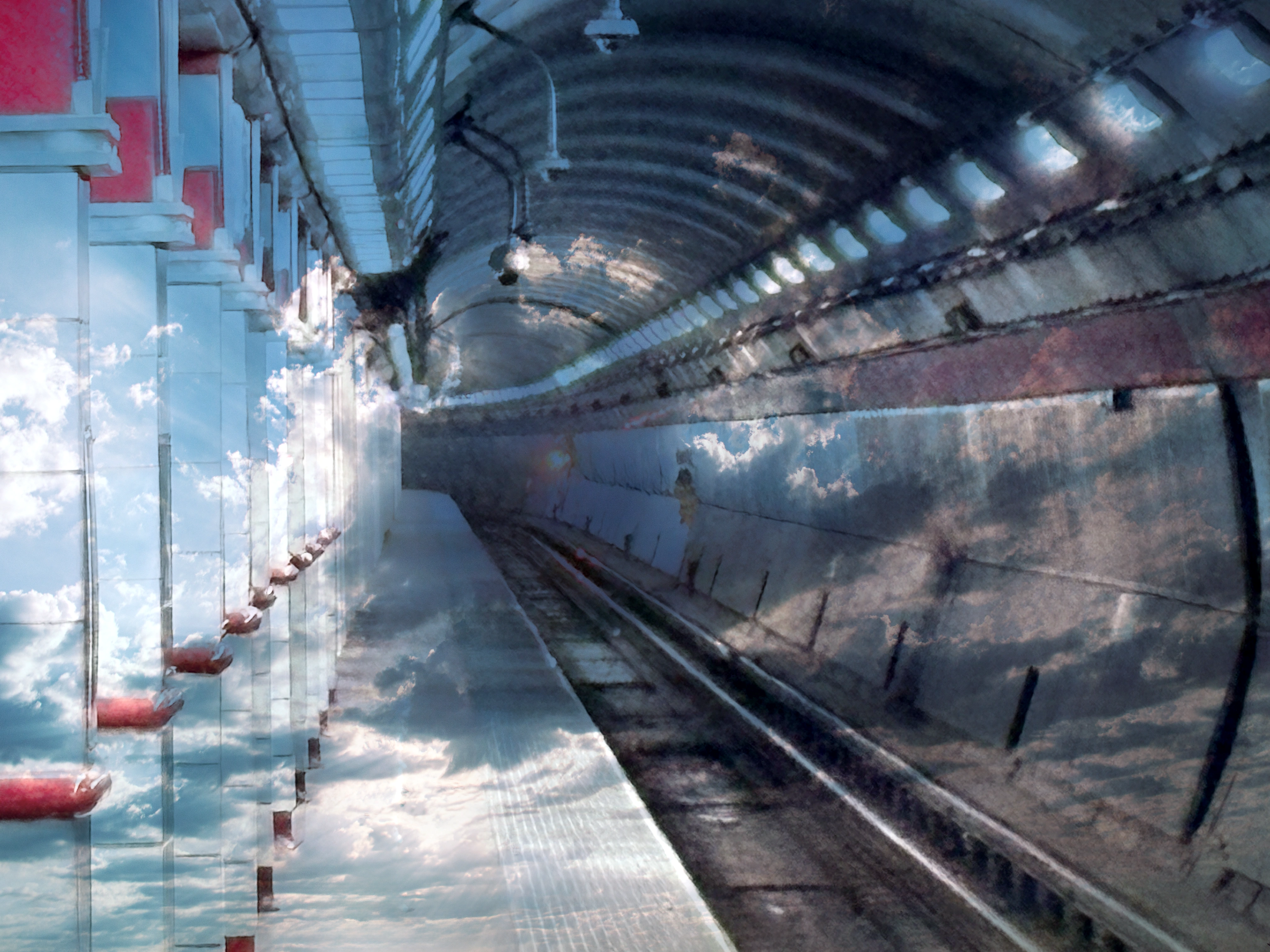 A railway platform and curved station roof blended with bright clouds