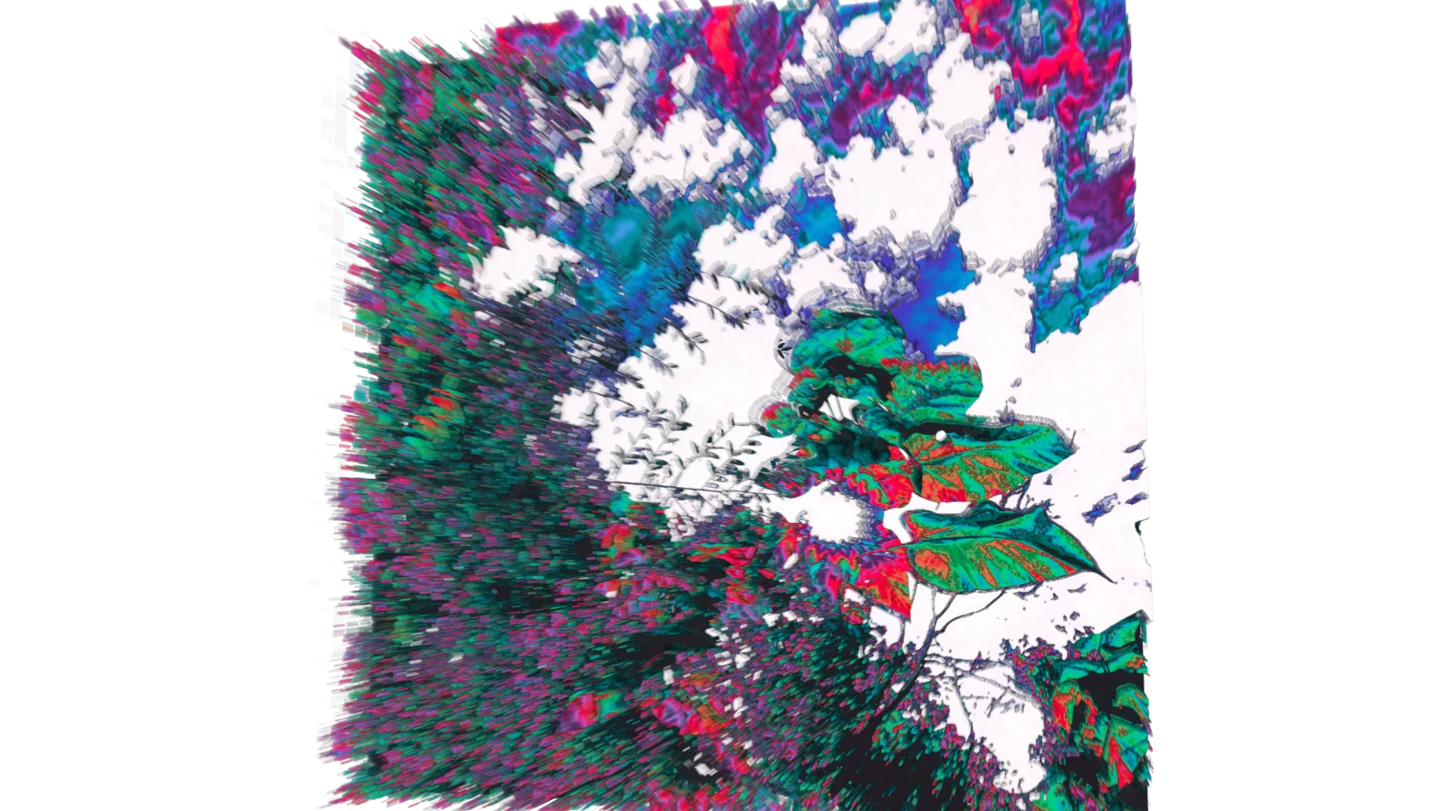 Vivid teal, magenta, and white foliage extending into a dimensional relief