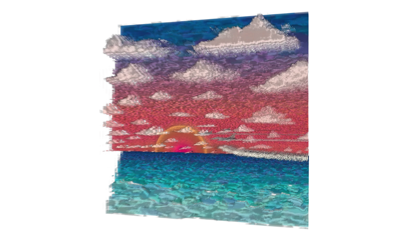Pink sunset clouds and turquoise water separated into visible layers