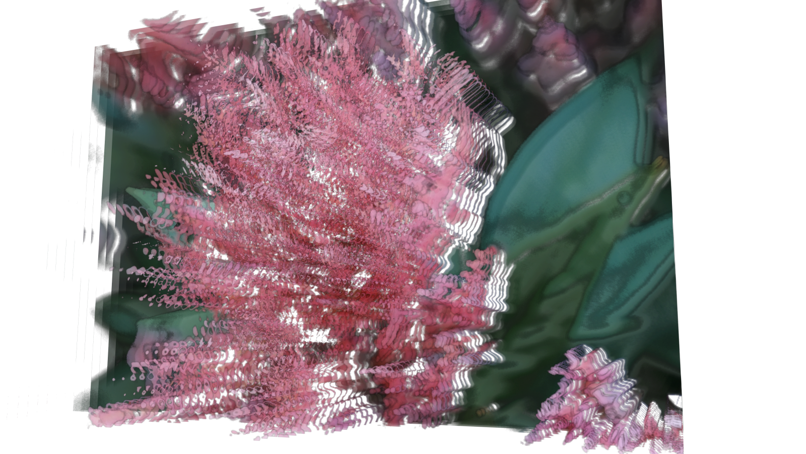 A pink flower expanded into intricate rippling depth layers against teal and green foliage