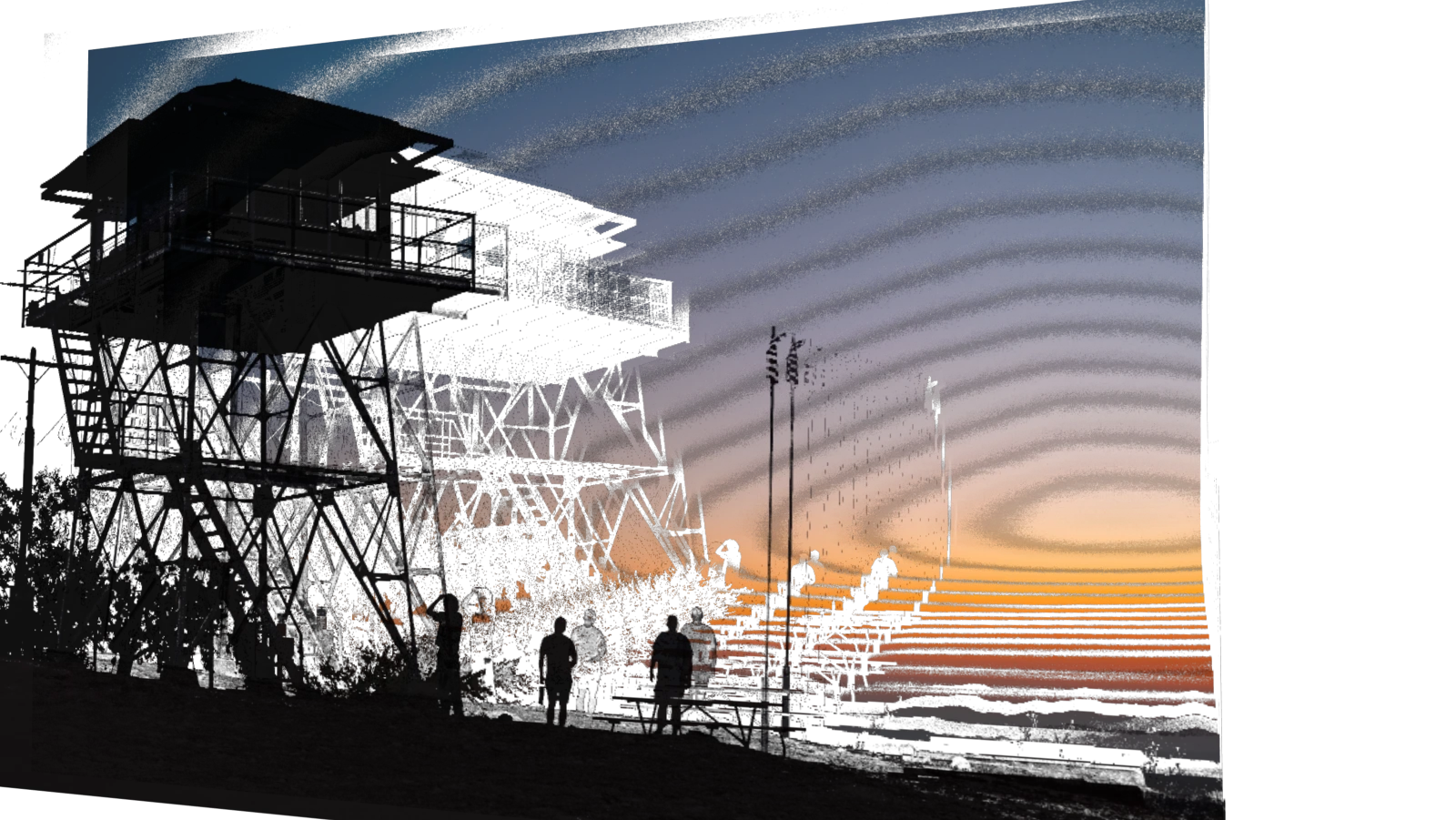 A sunset and silhouetted building separated into rippling depth layers