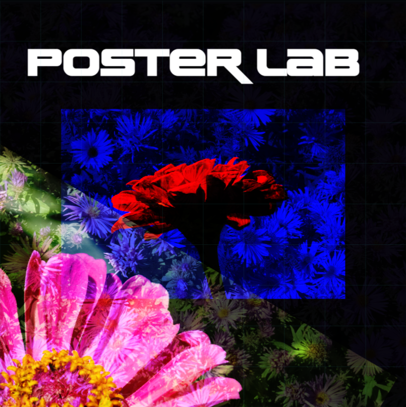 Poster Lab composition with bold white typography, a red flower over blue floral imagery, and a layered pink flower against a dark grid