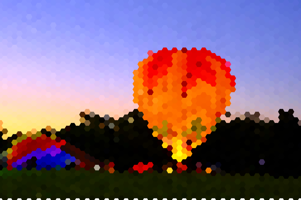 A hot air balloon photograph rebuilt as colorful hexagonal tiles