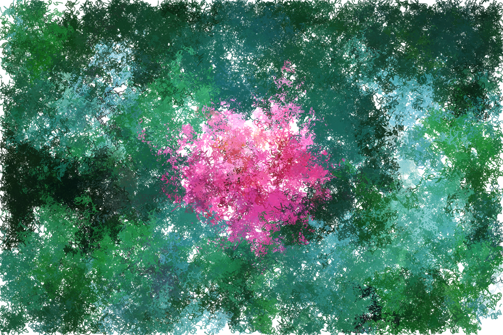 A pink flower and green foliage reconstructed from fine curling filaments