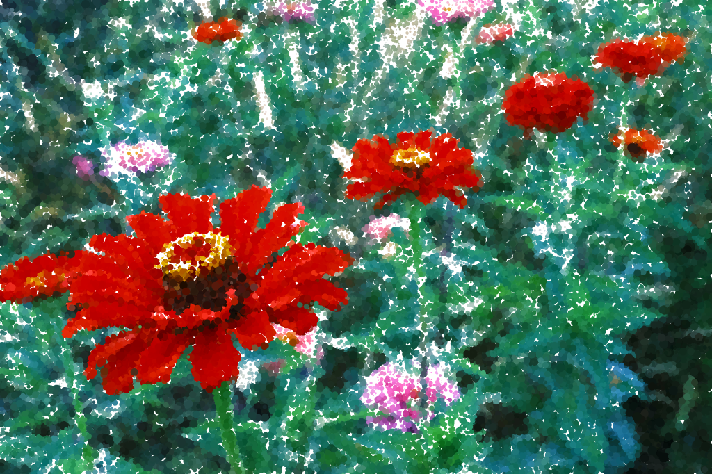 Red flowers and teal foliage translated into layered painterly marks
