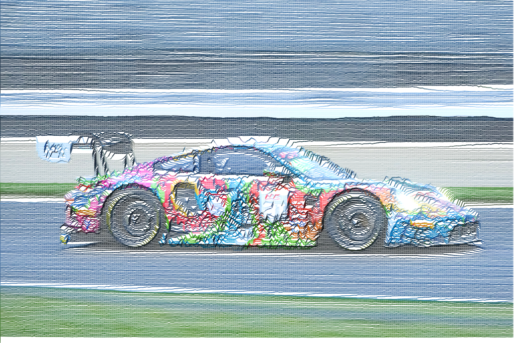 A racing car rendered in colorful tangled linework against a blue track